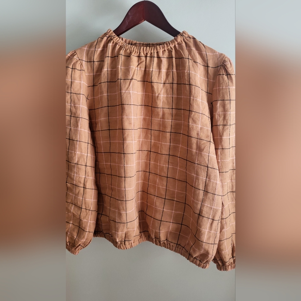 Roolee Tan Checkered A-Line Linen Shirt